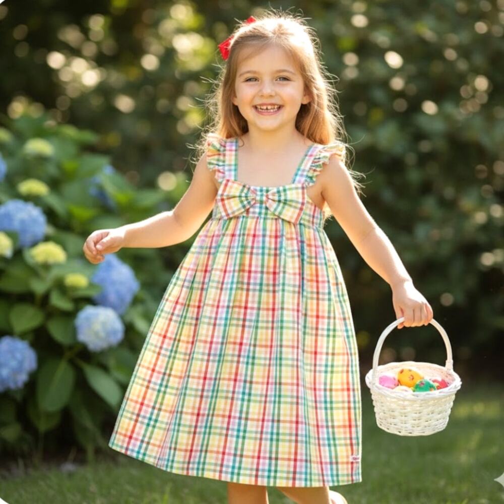 Ruffle Butts Girls 8 Gingham Sun Dress Bow Rainbow Plaid Easter Twirl Dress NWT